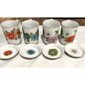 Vintage Creative Japan Porcelain Mugs & Saucers Set of 4 – Floral Mix, Gold Rim,